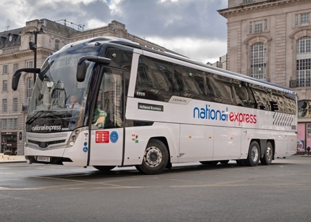 An image of a white coach with National Express branding